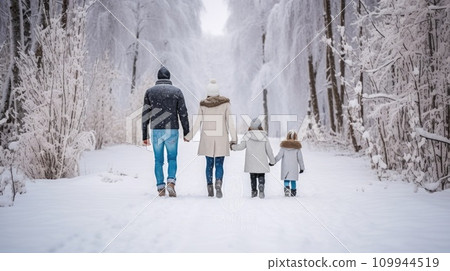 AI-generated content. Happy family Father, mother and children are on winter walk in nature comeliness 109944519