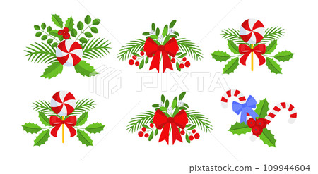 Christmas wreath design element set. Spruce evergreen branch Christmas wreath design element set. Spruce evergreen branch 109944604