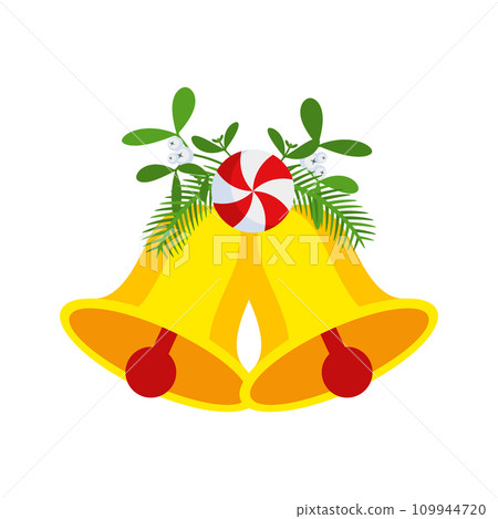 Two Christmas bells with lollipop and floral garland. Door wreath design element. 109944720