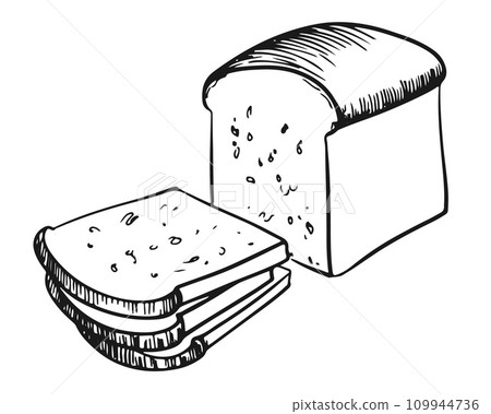 Hand drawn vector illustration of fresh wheat bread. Soft white bread is cut into pieces for toast. Infographic symbol, packaging label, bakery logo, bistro. 109944736