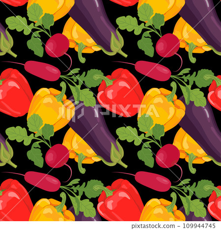 Vegetable seamless pattern. Vector products in flat style. Eggplan, bell pepper, radish and celery on a black background. Design for wallpaper, fabric, packaging. Vegetable seamless pattern. Vector products in flat style. Eggplan, bell pepper, radish and celery on a black background. Design for wallpaper, fabric, packaging. 109944745