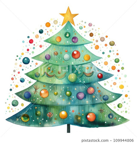 AI-generated content. Childish drawing watercolor style christmas tree on white background comeliness 109944806