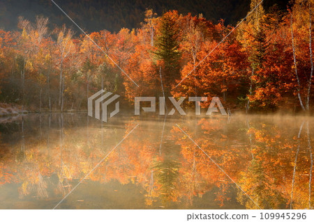 Azumi Suzuran, Matsumoto City, Nagano Prefecture, Norikura Kogen Ichinoseenchi, early morning air storm on the water surface of Maimeno Pond and the reflection of autumn leaves in the water mirror Azumi Suzuran, Matsumoto City, Nagano Prefecture, Norikura Kogen Ichinoseenchi, early morning air storm on the water surface of Maimeno Pond and the reflection of autumn leaves in the water mirror 109945296