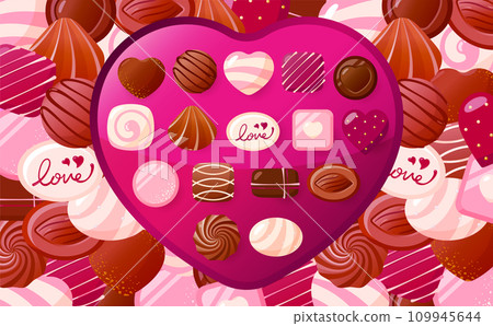 Illustration of Valentine's Day chocolate presents and gifts lined up in a heart-shaped box perfect for Valentine's Day Illustration of Valentine's Day chocolate presents and gifts lined up in a heart-shaped box perfect for Valentine's Day 109945644