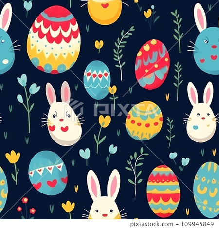 Easter egg seamless pattern with cute cartoon Easter Bunny, eggs, spring flowers. Generative AI Easter egg seamless pattern with cute cartoon Easter Bunny, eggs, spring flowers. Generative AI 109945849