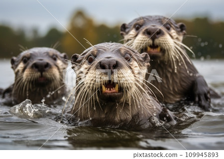 otters playfully swimming in the water and looking at the camera, generative AI 109945893