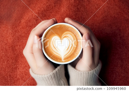 Female hands holding a cup of coffee with heart foam . Hot coffee with a heart. ai generative 109945960