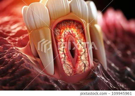 Dental tooth anatomy. Cross section of human tooth with infographics created with Generative AI Dental tooth anatomy. Cross section of human tooth with infographics created with Generative AI 109945961