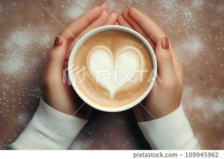 Female hands holding a cup of coffee with heart foam . Hot coffee with a heart. ai generative Female hands holding a cup of coffee with heart foam . Hot coffee with a heart. ai generative 109945962