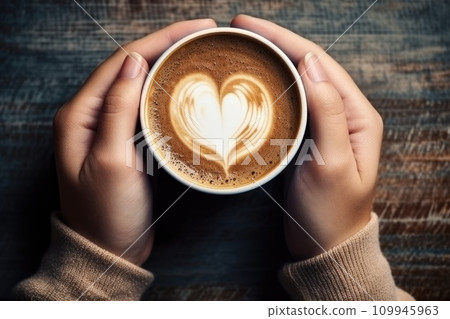 Female hands holding a cup of coffee with heart foam . Hot coffee with a heart. ai generative Female hands holding a cup of coffee with heart foam . Hot coffee with a heart. ai generative 109945963