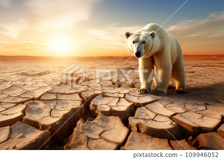 Conceptual image featuring a polar bear in a setting related to global warming. Generative AI 109946052
