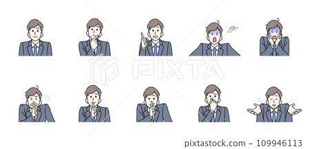 Facial expression, pose, and reaction set of a young man wearing a suit 109946113