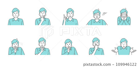 Young man's facial expressions, poses, and reactions set 109946122