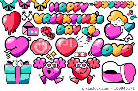A colorful pop and cute illustration with a Valentine's Day theme of hearts, presents, ribbons, and balloons. A colorful pop and cute illustration with a Valentine's Day theme of hearts, presents, ribbons, and balloons. 109946171
