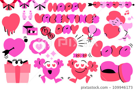 一組流行且扁平化的可愛插圖,以情人節為主題,包括心形、禮物和絲帶。 一組流行且扁平化的可愛插圖,以情人節為主題,包括心形、禮物和絲帶。 109946173