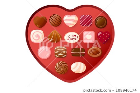 情人節巧克力禮物和禮品的插圖,排列在心形盒子中,非常適合情人節 情人節巧克力禮物和禮品的插圖,排列在心形盒子中,非常適合情人節 109946174