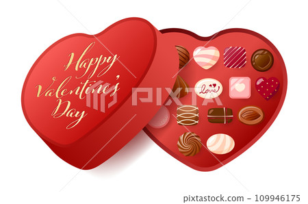 Illustration of Valentine's Day chocolate presents and gifts lined up in a heart-shaped box perfect for Valentine's Day 109946175