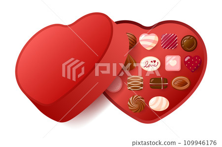 情人節巧克力禮物和禮品的插圖，排列在心形盒子中，非常適合情人節 109946176