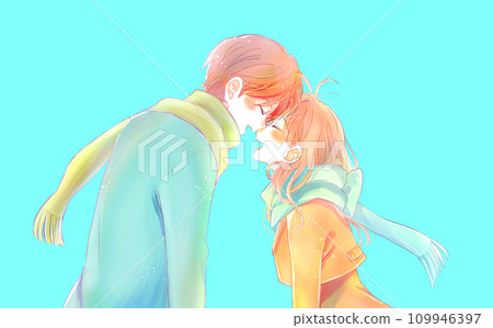 A happy man and woman in winter, touching their foreheads 109946397