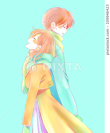 Happy man and woman in winter, back to back Happy man and woman in winter, back to back 109946423