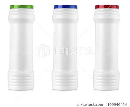 Set of Colored White plastic bottles with liquid laundry detergent, cleaning agent, bleach or fabric softener isolated on white background 109946434