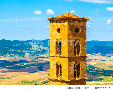 Tower of Cathedral of Santa Maria Assunta in medieval town of Volterra, Tuscany, Italy. Tower of Cathedral of Santa Maria Assunta in medieval town of Volterra, Tuscany, Italy. 109946526