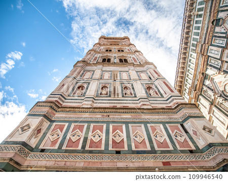 Bell tower of Catherdal, Cattedrale di Santa Maria del Fiore or Il Duomo di Firenze, with ornamental mosaic, Firenze, Tuscany, Italy 109946540