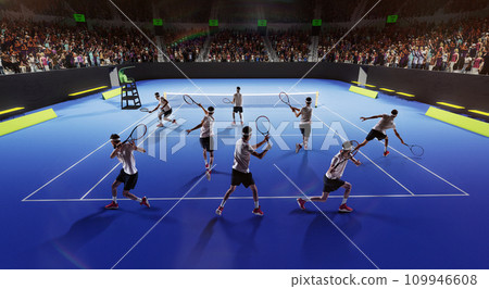 Development of movements. Young man, tennis player in motion during game, playing on tennis court, hitting ball with racket. Sport, competition 109946608