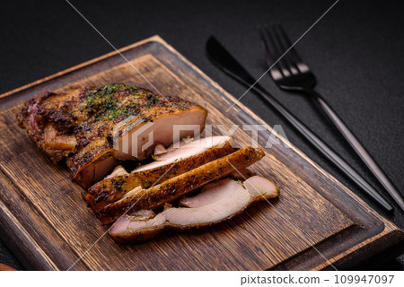 Delicious juicy beef or chicken steak with salt, spices and herbs 109947097