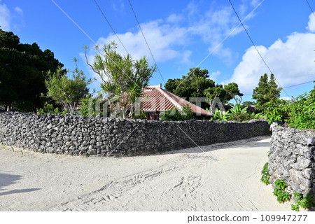 Taketomi Island Red tile roof and Gook stone wall shine against the blue sky Taketomi Island Red tile roof and Gook stone wall shine against the blue sky 109947277