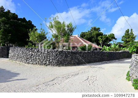 竹富島紅瓦屋頂和古克石牆映襯著藍天 竹富島紅瓦屋頂和古克石牆映襯著藍天 109947278