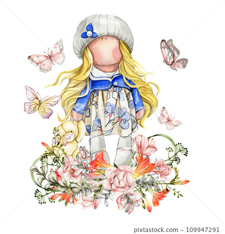 Composition of doll Tilda in dress and freesia flowers. Hand drawn watercolor illustration. Design for baby shower party, birthday, cake, holiday celebration design, greetings card, invitation, sticke 109947291