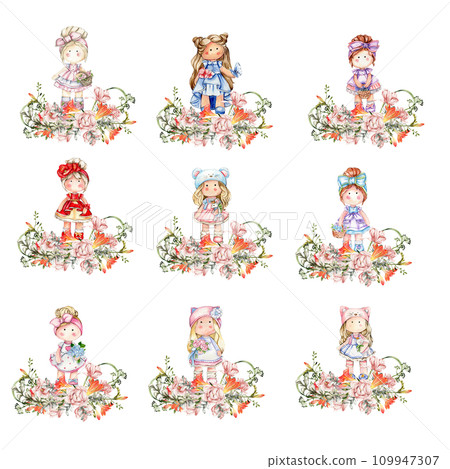 Composition of doll Tilda in dress and freesia flowers. Hand drawn watercolor illustration. Design for baby shower party, birthday, cake, holiday celebration design, greetings card, invitation, sticke 109947307