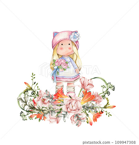 Composition of doll Tilda in dress and freesia flowers. Hand drawn watercolor illustration. Design for baby shower party, birthday, cake, holiday celebration design, greetings card, invitation, sticke 109947308