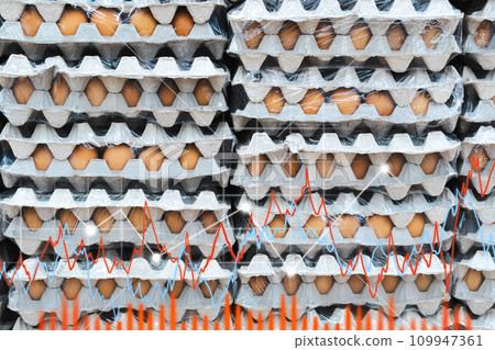 Eggs on the background of the supermarket. Charts and charts. Food prices rose. Inflation concept. retail. Eggs on the background of the supermarket. Charts and charts. Food prices rose. Inflation concept. retail. 109947361