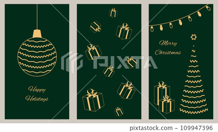 Corporate holiday cards with congratulations and wishes. Universal template. Christmas and New Year. Vector illustration in traditional green color. Corporate holiday cards with congratulations and wishes. Universal template. Christmas and New Year. Vector illustration in traditional green color. 109947396