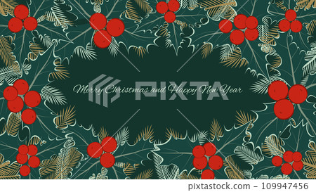 Holiday card with greetings Merry Christmas and Happy New Year in traditional green and red colors. Holly vector illustration. 109947456
