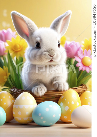 Easter holiday concept. Happy easter greeting card with bunny, colourful eggs and spring flowers. 109947550