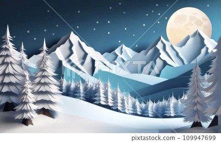 Winter landscape scenery poster with snowy fir trees and snowy mountains in paper art and craft style. 109947699