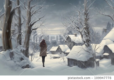 一幅充滿懷舊氣息的插畫，描繪了寧靜村莊的冬日景象：雪花飄落，一位女子正在行走。 109947778