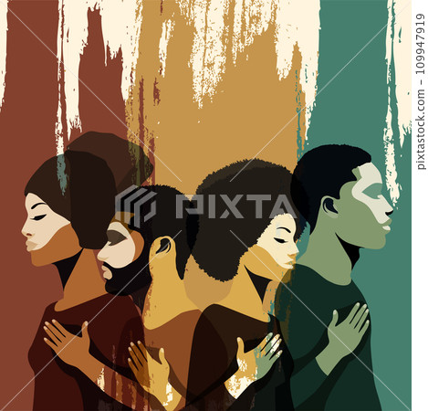 Profile silhouettes people African and African American. Ethnic group black men and women. Black history month event. Racial equality - justice - identity - anti-racism - inclusion. Banner 109947919