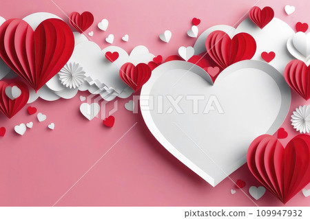 Happy Valentine`s day greeting card, wedding invitation, gift packages cover template in paper art and craft style. 109947932