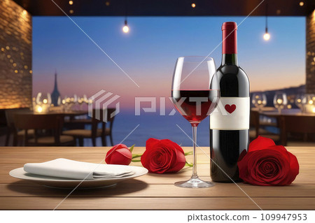 Bottle and glasses of wine on table in cafe. Valentine's Day celebration table setting, romantic atmosphere. Bottle and glasses of wine on table in cafe. Valentine's Day celebration table setting, romantic atmosphere. 109947953