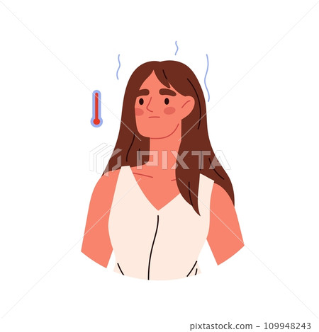 Sick Person Character Set. Woman with influenza and flu symptoms. Characters with fever, headache, and cold. Flat illustrations isolated on white background. 109948243