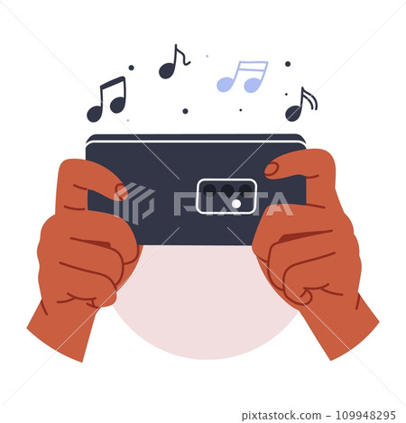 hands holding phone. Scrolling smartphone, app mail, application photo. cellphone camera. Flat vector illustration 109948295