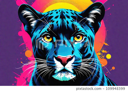 Pop art style, animal graphic illustration. Abstract portrait of a adorable panther in a watercolor style. Digital graphics. 109948399