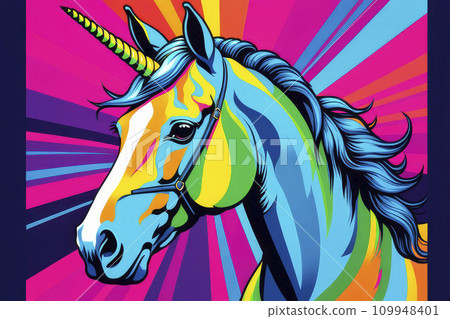 Abstract portrait of a cartoon unicornin. Pop art style, animal graphic illustration. Digital graphics. 109948401