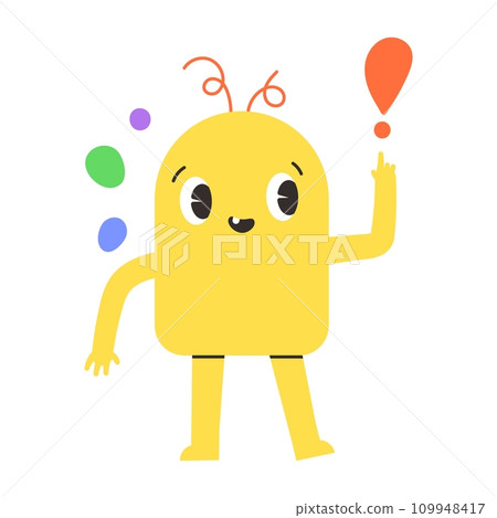 Playful shapes and figures, blending abstract designs with cartoon faces. Collection for children, showcasing fun elements and cute monsters. Flat vector illustration isolated on white background. 109948417