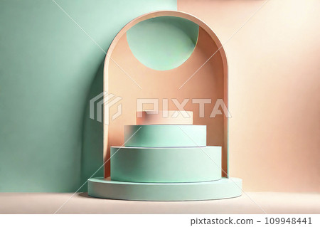 Creative modern , empty podium for product advertisement  in delicate velvety peach and seafoam tones. Trending color concept of the year 2024 Peach Fuzz. 109948441