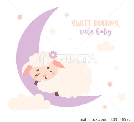 Cute little sleeping animal sheep on moon. Vector illustration in pastel colors. Kids collection. 109948552
